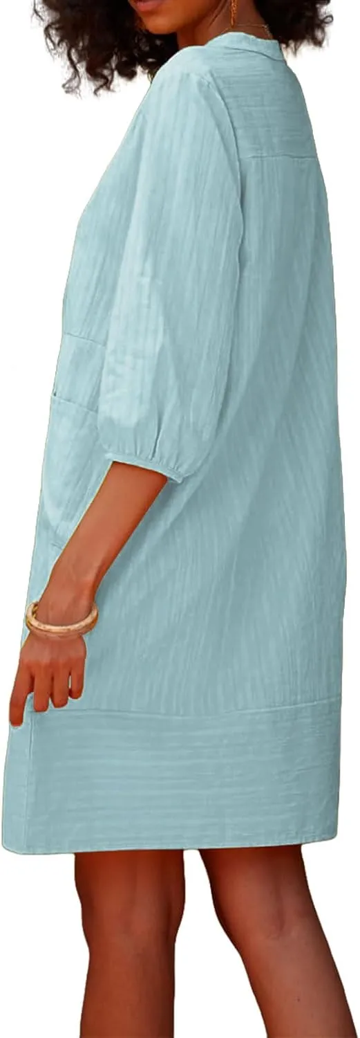 Cotton Linen Dress for Women 2025 Beach Vacation Dresses V Neck Half Sleeves Solid Color Casual Flowy Summer Dresses