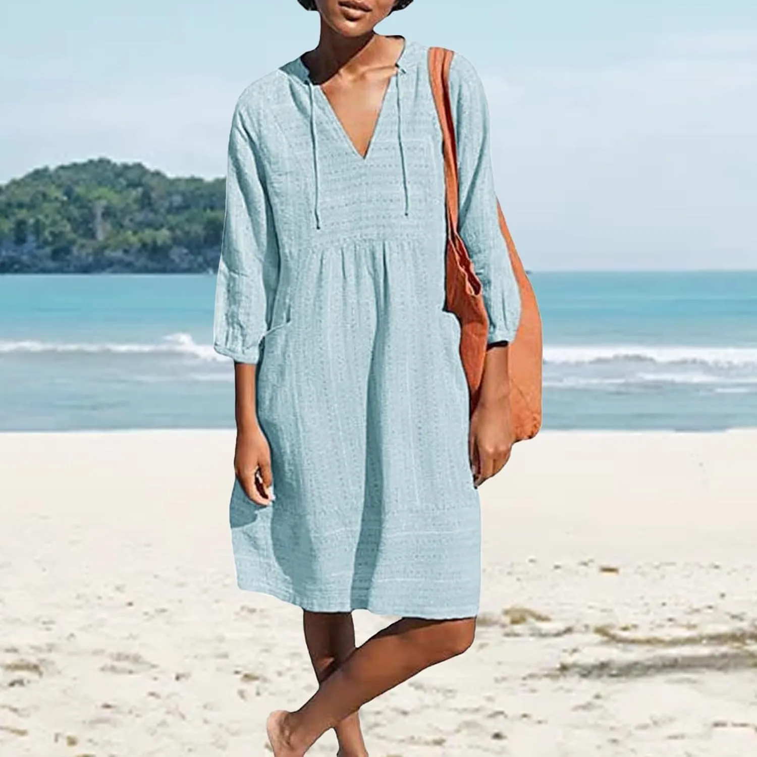 Cotton Linen Dress for Women 2025 Beach Vacation Dresses V Neck Half Sleeves Solid Color Casual Flowy Summer Dresses