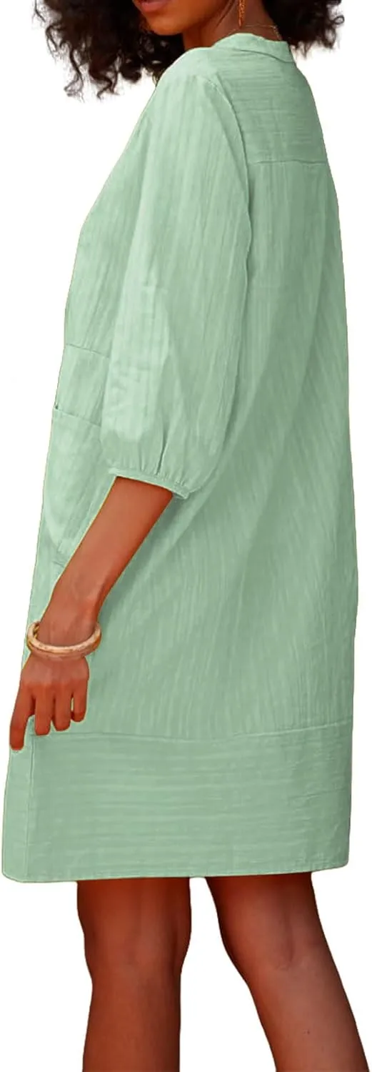 Cotton Linen Dress for Women 2025 Beach Vacation Dresses V Neck Half Sleeves Solid Color Casual Flowy Summer Dresses