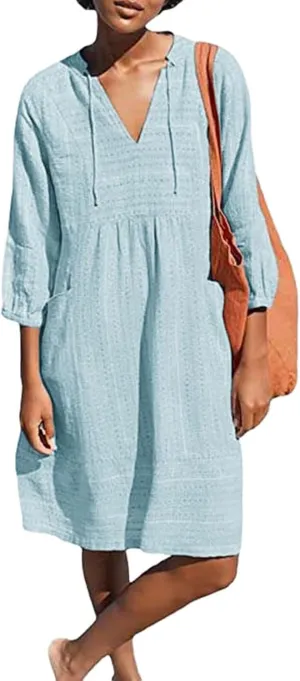 Cotton Linen Dress for Women 2025 Beach Vacation Dresses V Neck Half Sleeves Solid Color Casual Flowy Summer Dresses
