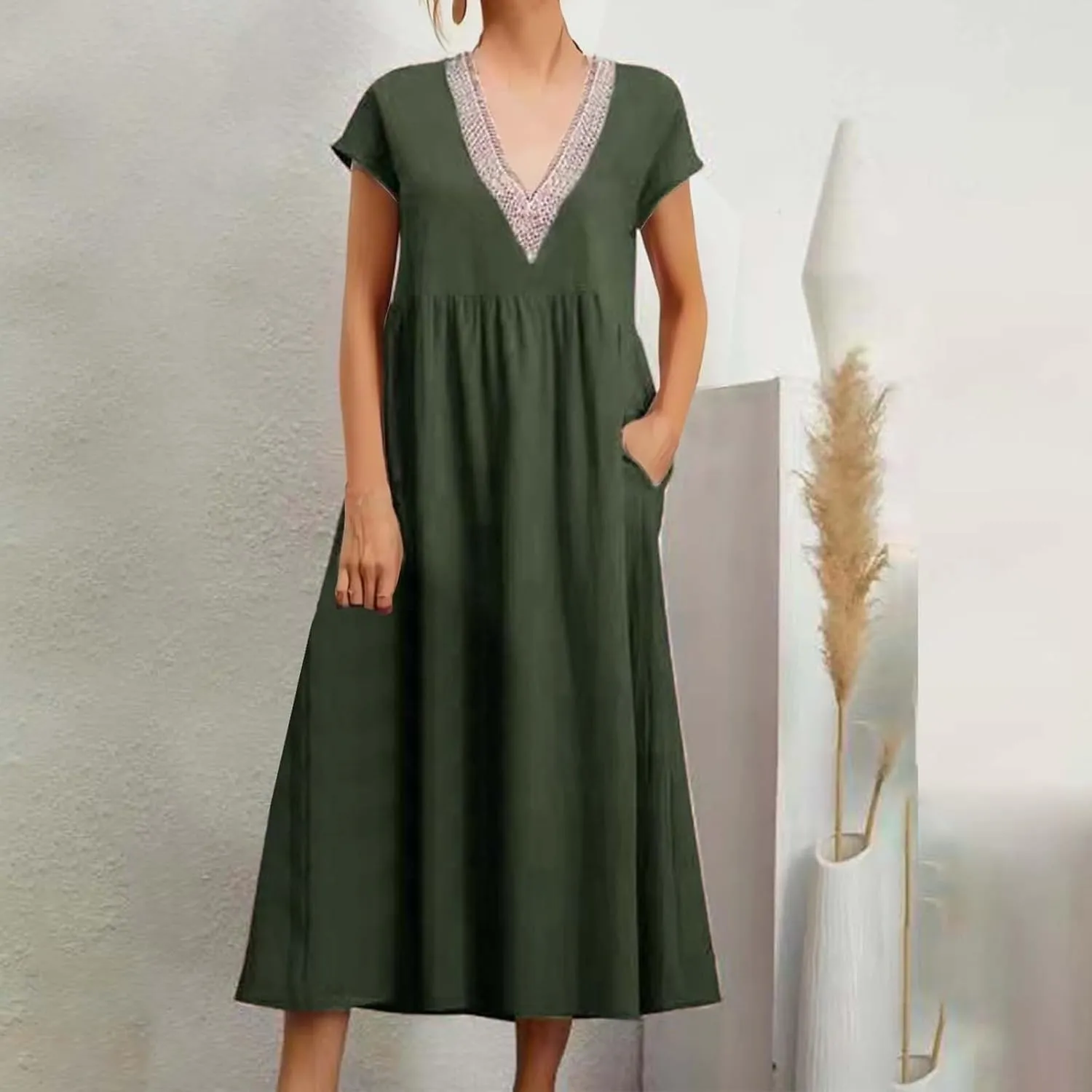Cotton Linen Dress Women Plus Size Summer Short Sleeve V Neck Midi Dress Casual Loose A-line Boho Vacation Dresses