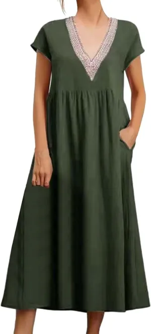 Cotton Linen Dress Women Plus Size Summer Short Sleeve V Neck Midi Dress Casual Loose A-line Boho Vacation Dresses