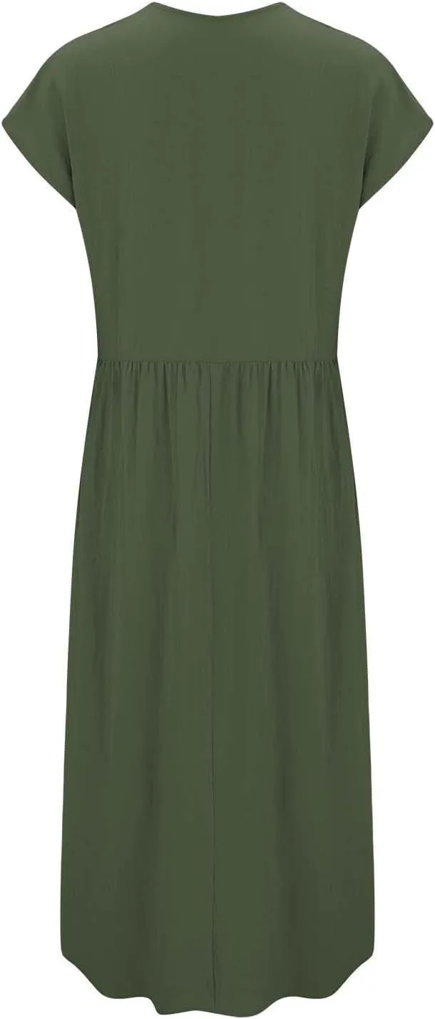 Cotton Linen Dress Women Plus Size Summer Short Sleeve V Neck Midi Dress Casual Loose A-line Boho Vacation Dresses