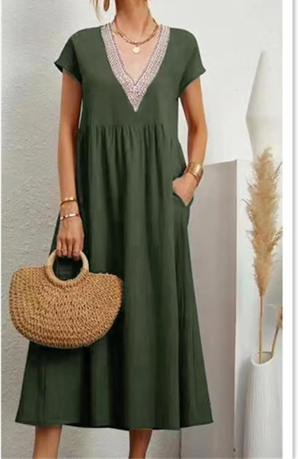 Cotton Linen Dress Women Plus Size Summer Short Sleeve V Neck Midi Dress Casual Loose A-line Boho Vacation Dresses