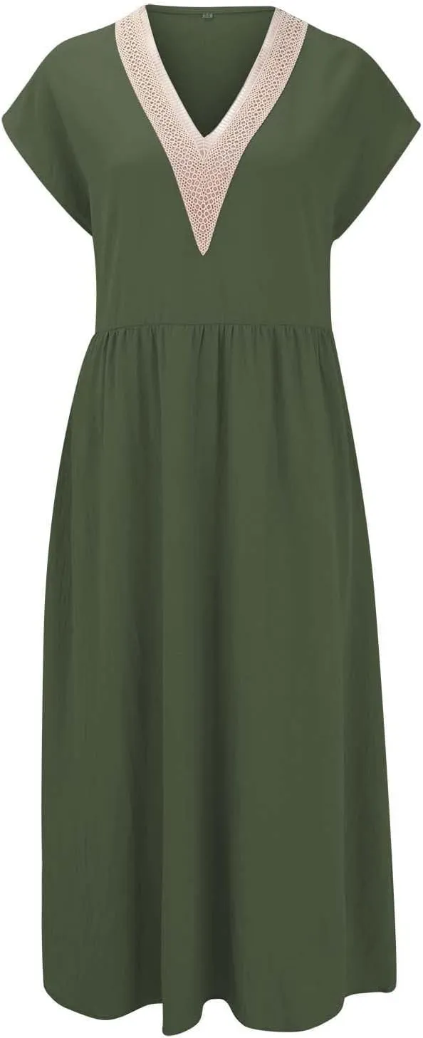 Cotton Linen Dress Women Plus Size Summer Short Sleeve V Neck Midi Dress Casual Loose A-line Boho Vacation Dresses
