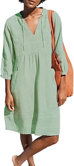 Cotton Linen Dresses for Women V Neck 3/4 Sleeve Tunic Smock Mini Dress Summer Casual Loose Dresses with Pockets