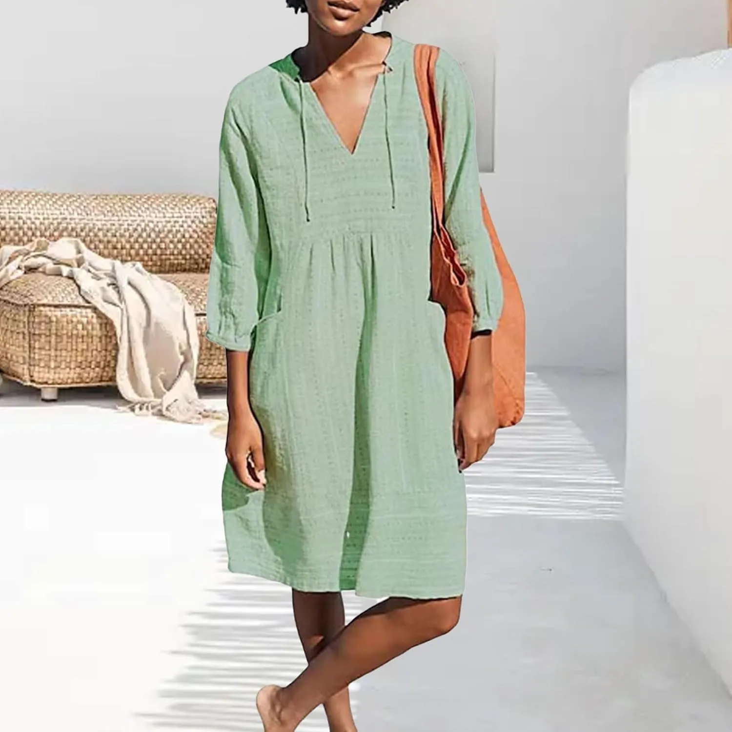 Cotton Linen Dresses for Women V Neck 3/4 Sleeve Tunic Smock Mini Dress Summer Casual Loose Dresses with Pockets