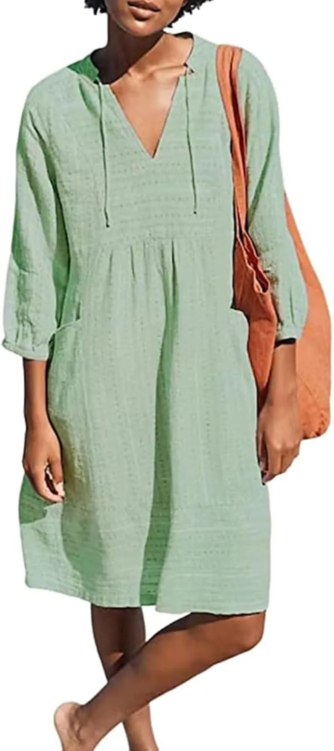 Cotton Linen Dresses for Women V Neck 3/4 Sleeve Tunic Smock Mini Dress Summer Casual Loose Dresses with Pockets