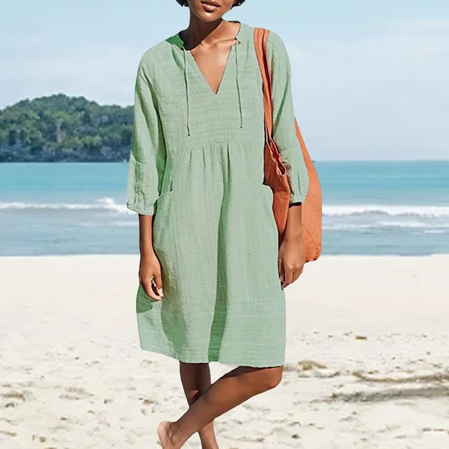 Cotton Linen Dresses for Women V Neck 3/4 Sleeve Tunic Smock Mini Dress Summer Casual Loose Dresses with Pockets