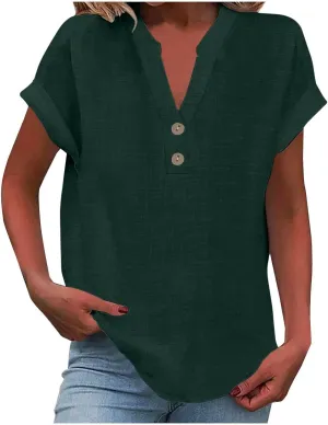 Cotton Linen Shirts for Women Short Sleeve Summer Tops Button V Neck T Shirt Basic Tee Business Casual Outfits Clothes