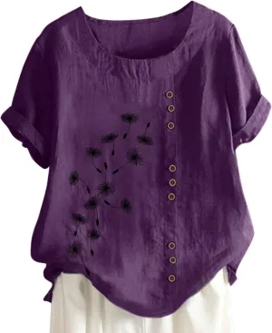 Cotton Tops for Women Loose Fit Dandelion Print Graphic Tee Shirts Casual Short Sleeve Crewneck Cotton Linen Blouses