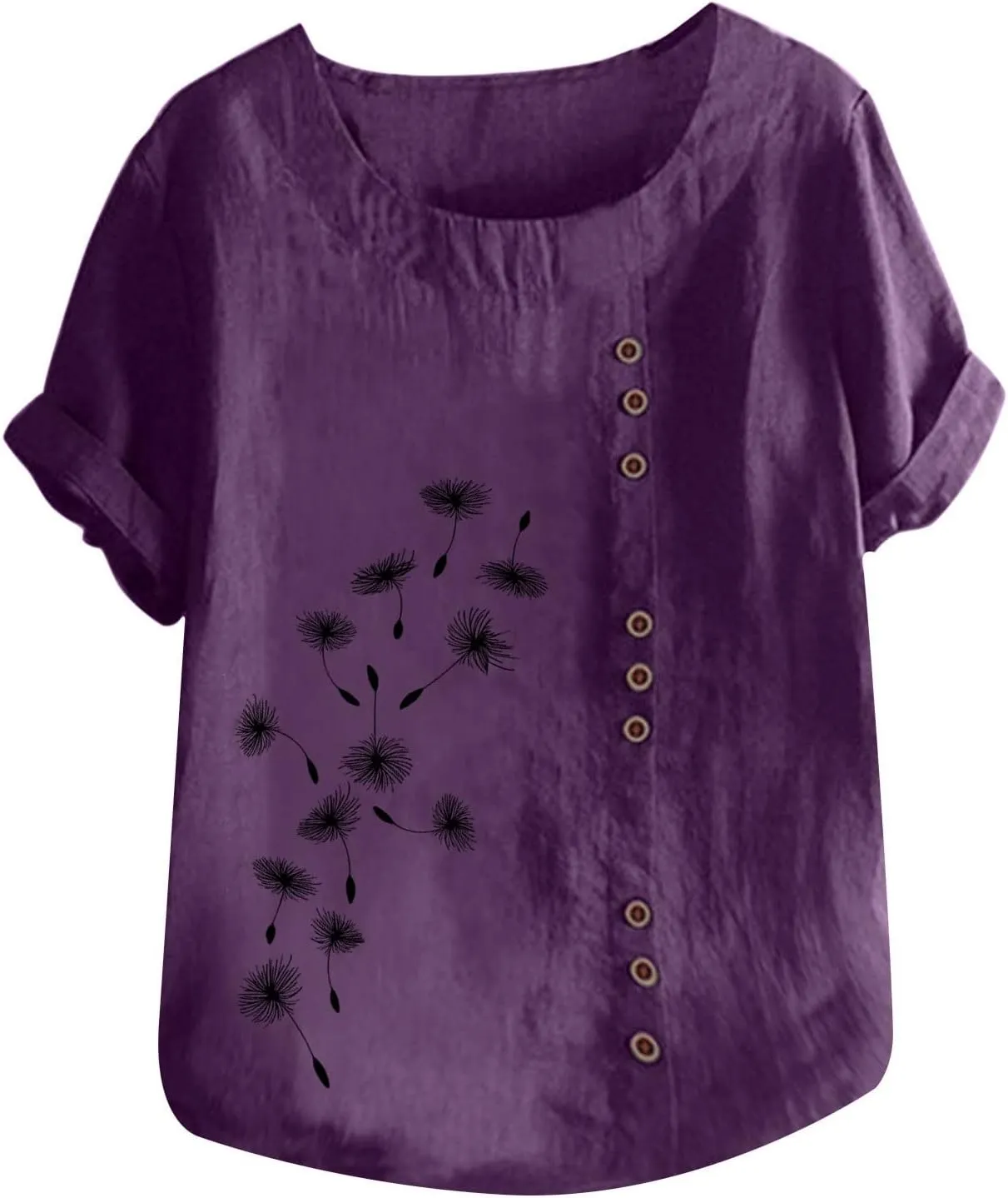 Cotton Tops for Women Loose Fit Dandelion Print Graphic Tee Shirts Casual Short Sleeve Crewneck Cotton Linen Blouses