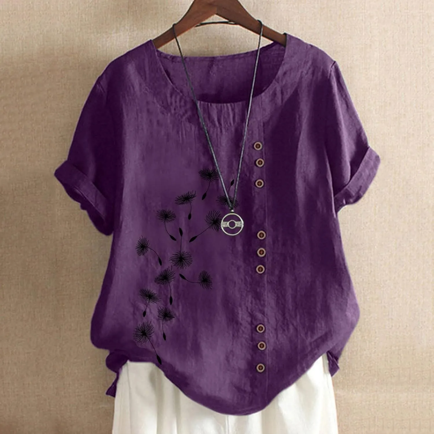 Cotton Tops for Women Loose Fit Dandelion Print Graphic Tee Shirts Casual Short Sleeve Crewneck Cotton Linen Blouses
