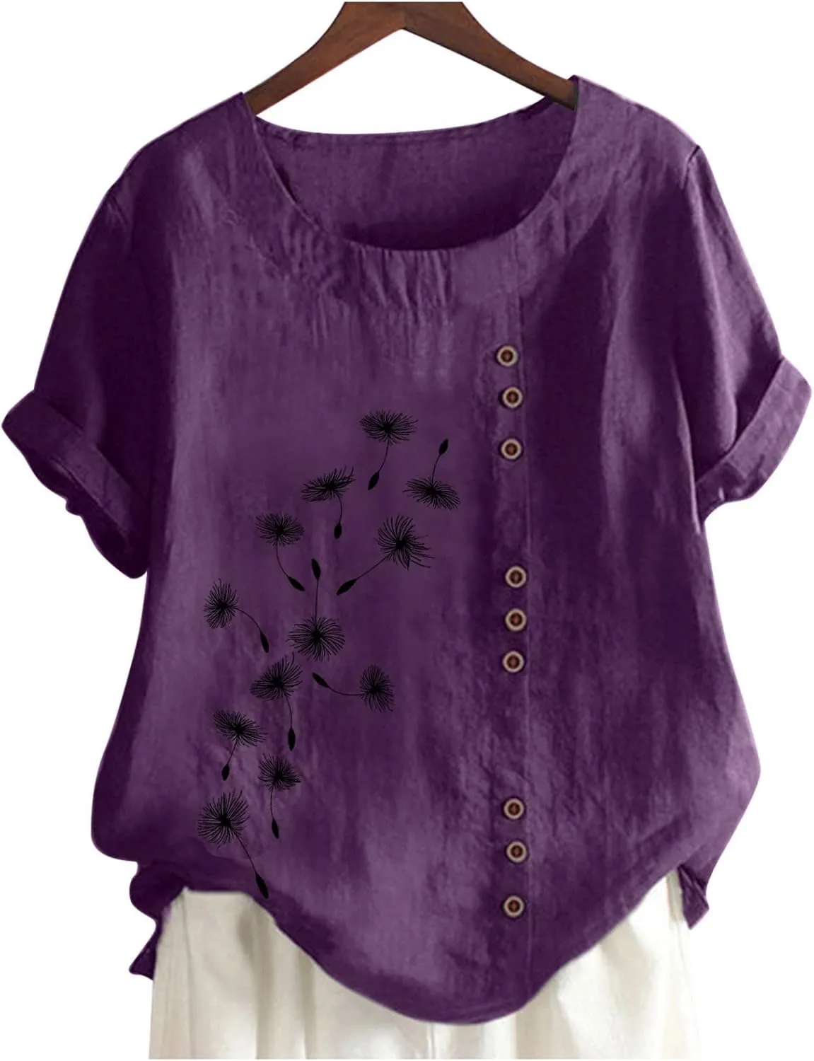 Cotton Tops for Women Loose Fit Dandelion Print Graphic Tee Shirts Casual Short Sleeve Crewneck Cotton Linen Blouses