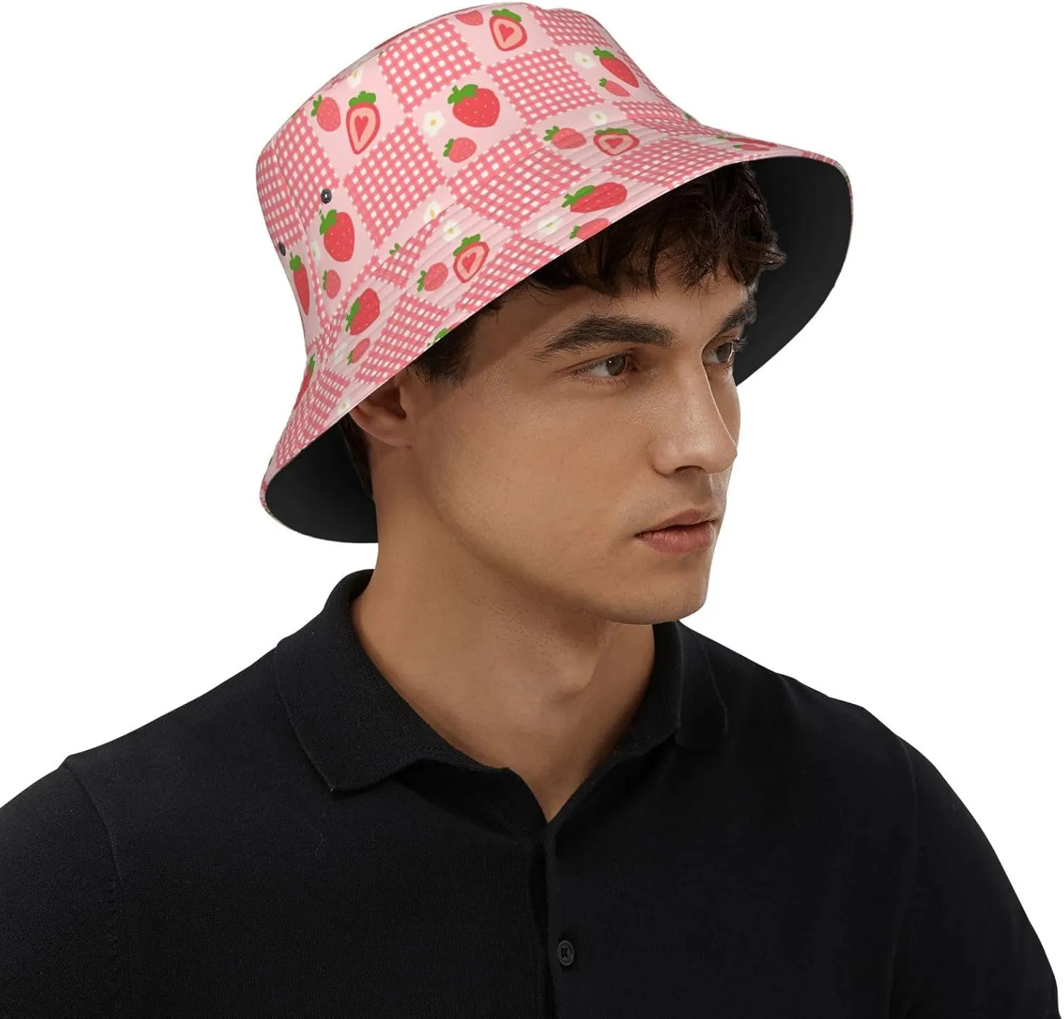 Cute Strawberry Print Bucket Hat for Men Women Wide Brim Fishing Beach Strawberry Sun Hats