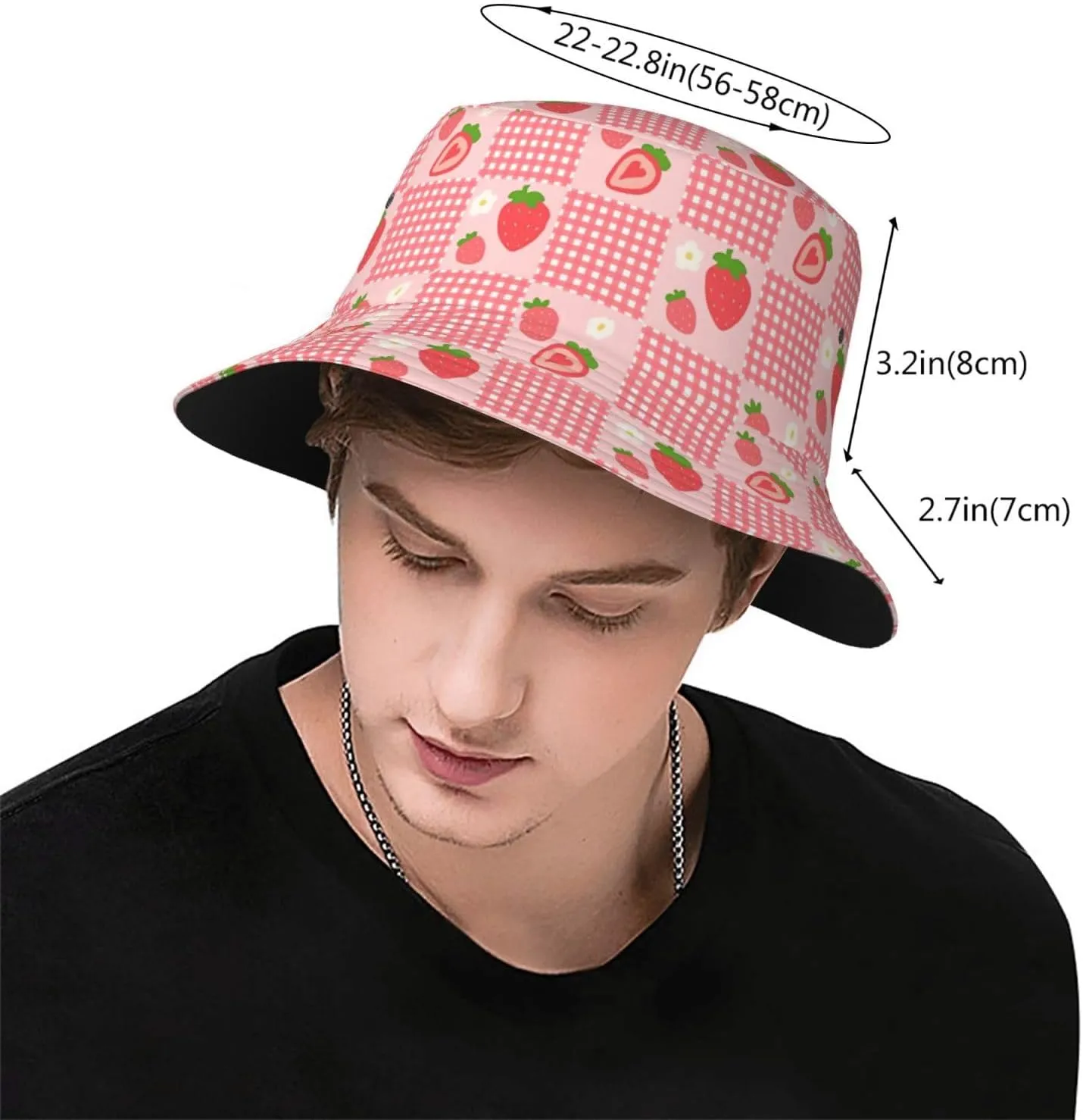 Cute Strawberry Print Bucket Hat for Men Women Wide Brim Fishing Beach Strawberry Sun Hats