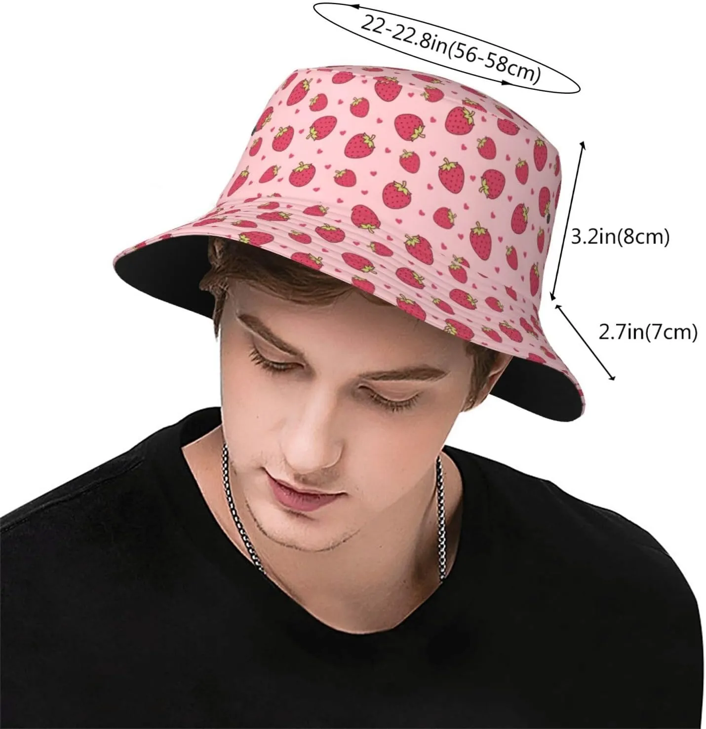 Cute Strawberry Print Bucket Hat for Men Women Wide Brim Fishing Beach Strawberry Sun Hats