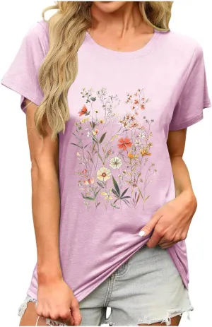 Cute Summer Floral Printed Shirts for Women Crewneck Short Sleeve Tee Loose Fit Casual Tshirt Holiday Travel Clothes