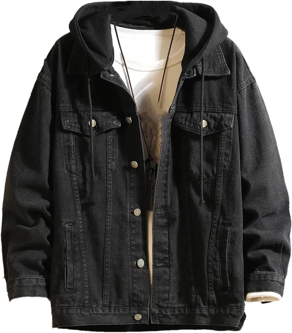 Denim Jacket Men Hooded Casual Jean Jackets Streetwear Solid Color Turn Down Collar Denim Coats