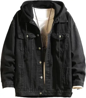 Denim Jacket Men Hooded Casual Jean Jackets Streetwear Solid Color Turn Down Collar Denim Coats