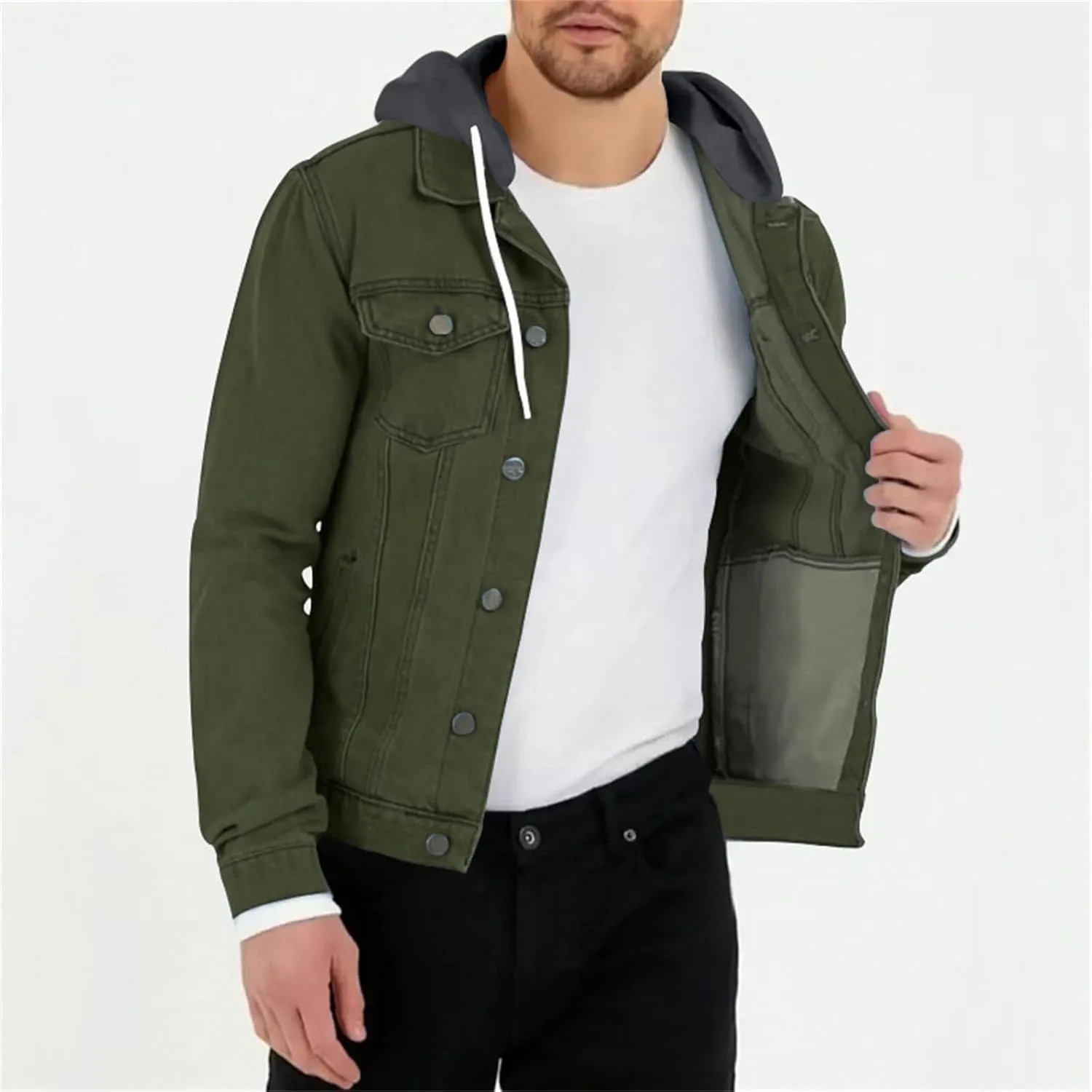 Denim Jacket Men Hoodie Casual Classic Slim Fit Distressed Jean Jacket Long Sleeve Hooded Trucker Jackets Outwear