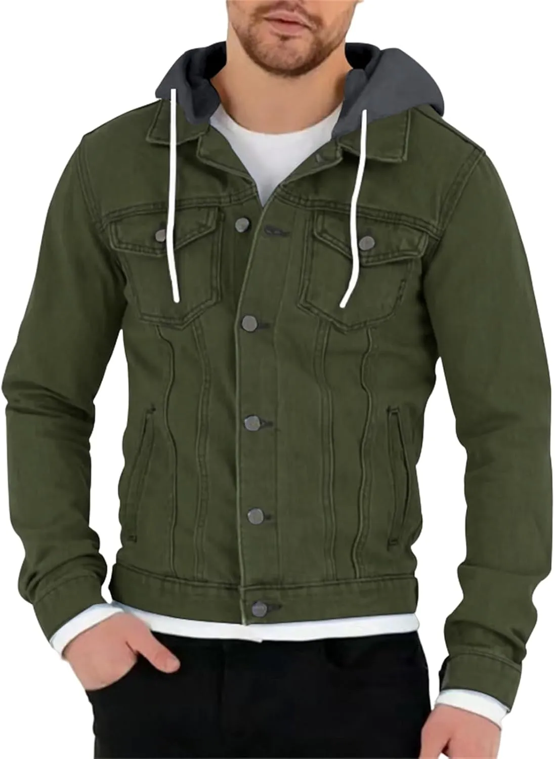 Denim Jacket Men Hoodie Casual Classic Slim Fit Distressed Jean Jacket Long Sleeve Hooded Trucker Jackets Outwear