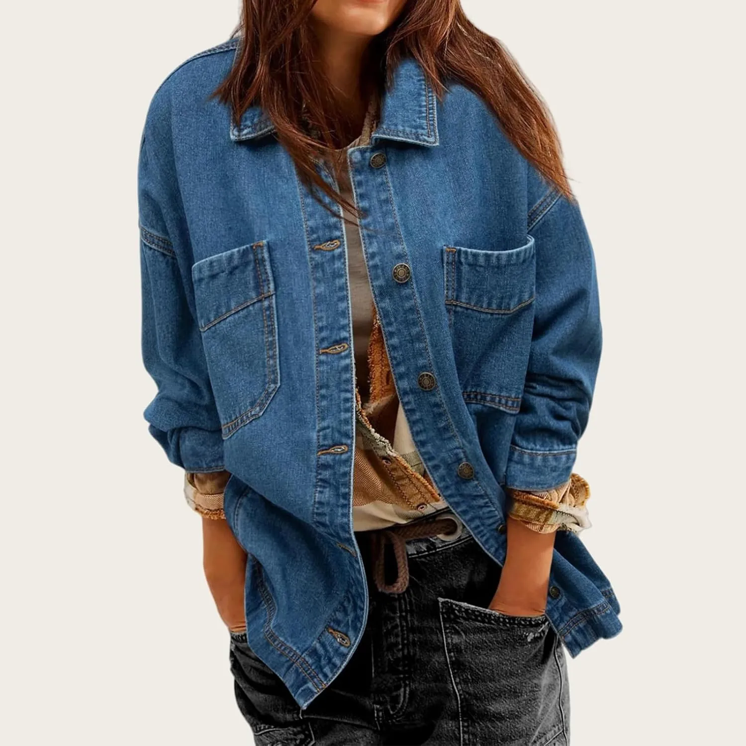 Denim Jackets for Women Oversized Boyfriend Long Sleeve Button Down Shirt Casual Loose Jean Jackets Coat