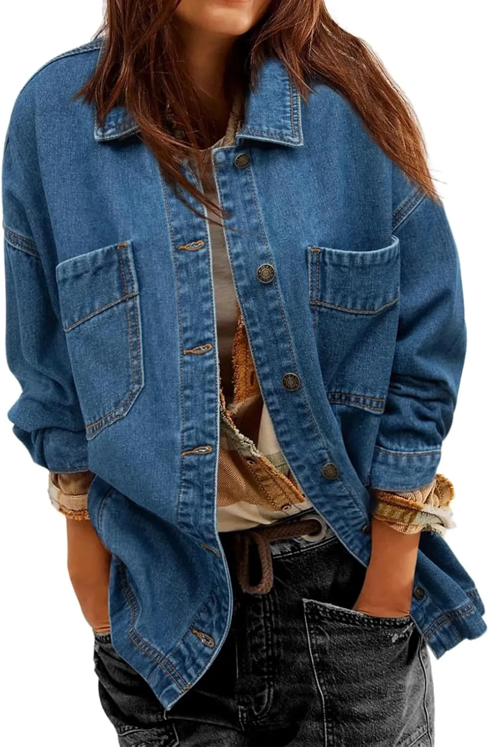 Denim Jackets for Women Oversized Boyfriend Long Sleeve Button Down Shirt Casual Loose Jean Jackets Coat