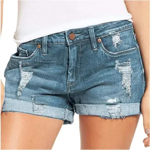 Denim Shorts for Women Mid Rise Ripped Jean Shorts Stretchy Folded Hem Hot Short Jeans 2024 Summer Sexy Hot Shorts