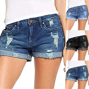 Denim Shorts for Women Mid Rise Ripped Jean Shorts Stretchy Folded Hem Hot Short Jeans 2024 Summer Sexy Hot Shorts
