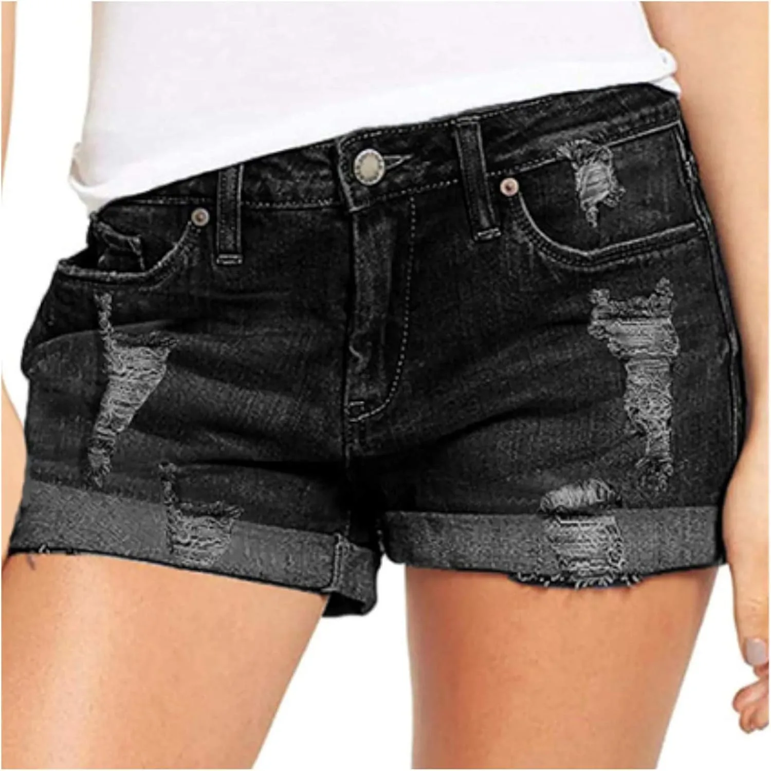Denim Shorts for Women Mid Rise Ripped Jean Shorts Stretchy Folded Hem Hot Short Jeans 2024 Summer Sexy Hot Shorts