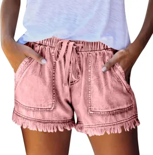 Denim Shorts Women Casual High Waisted Drawstring Stretchy Jean Shorts Cut Off Frayed Hem Summer Shorts with Pockets