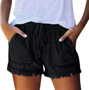 Denim Shorts Women Casual High Waisted Drawstring Stretchy Jean Shorts Cut Off Frayed Hem Summer Shorts with Pockets