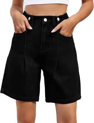 Denim Shorts Women High Waisted - Bermuda Mid-Rise Butt Lift Summer Long Denim 5 Inch Inseam with Multi Pockets