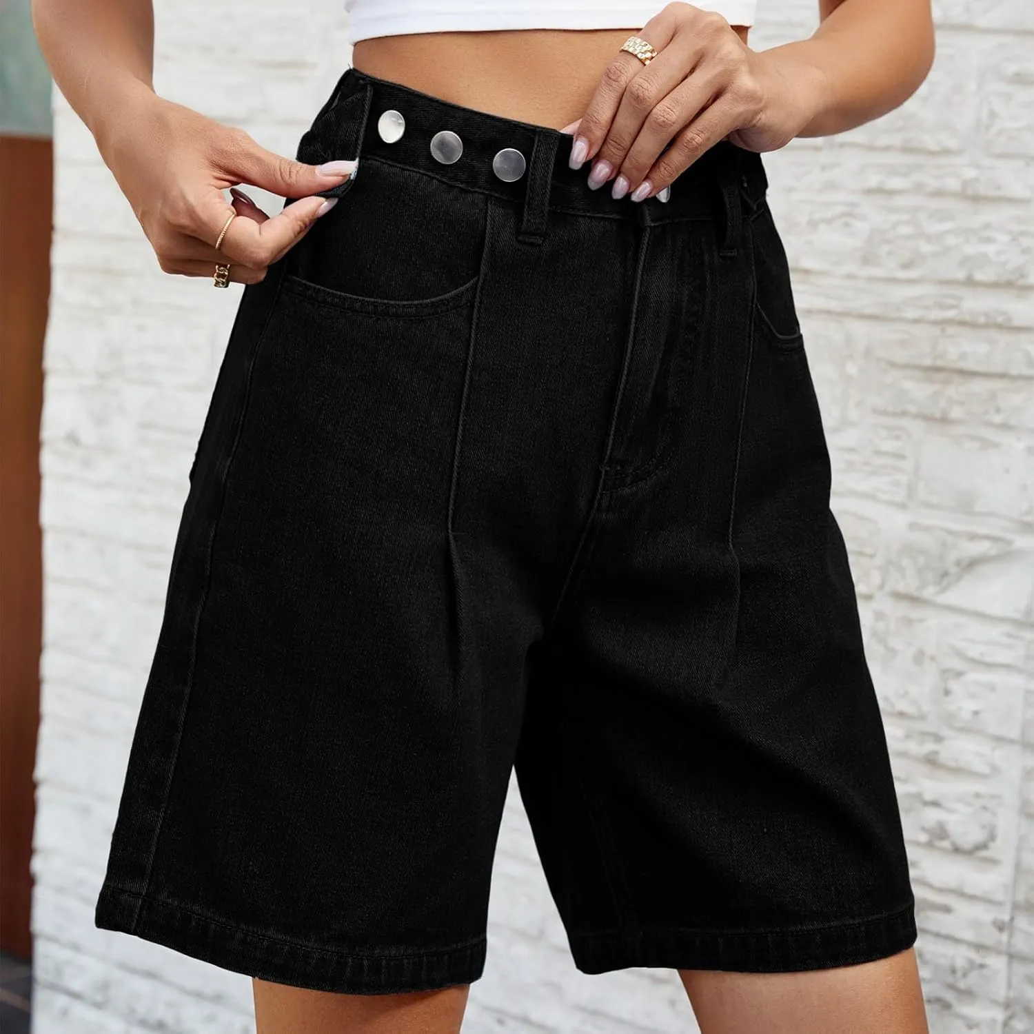 Denim Shorts Women High Waisted - Bermuda Mid-Rise Butt Lift Summer Long Denim 5 Inch Inseam with Multi Pockets