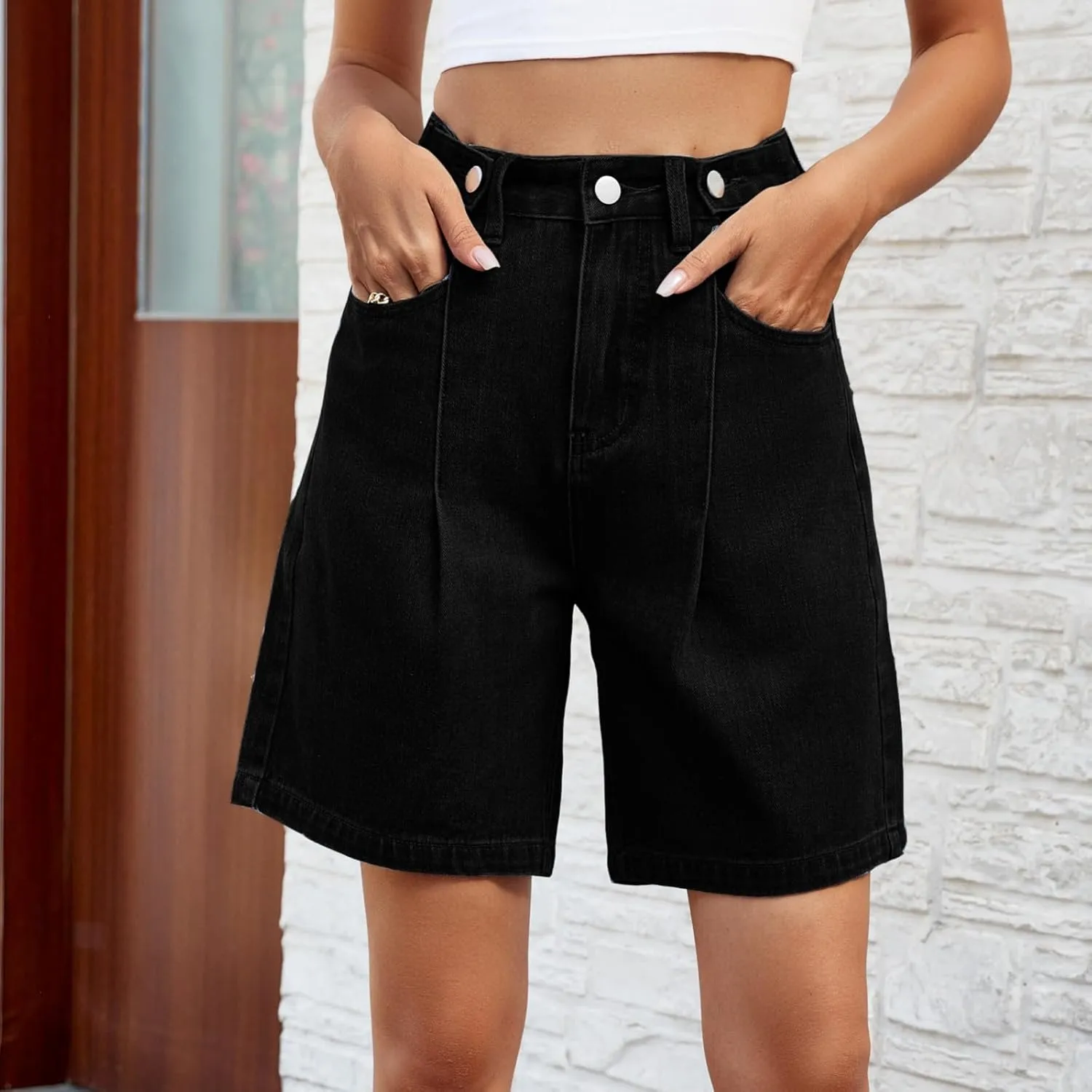 Denim Shorts Women High Waisted - Bermuda Mid-Rise Butt Lift Summer Long Denim 5 Inch Inseam with Multi Pockets