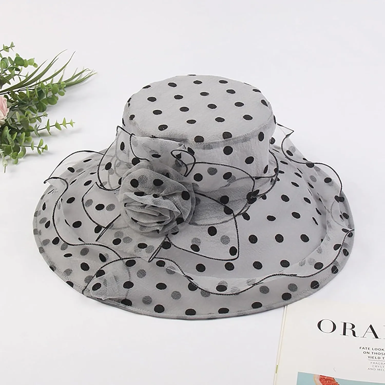 Derby Hat Wide Brim for Women Fashionable Organza Tea Party Fascinators Polka Dots Church Wedding Holiday Bucket Hats