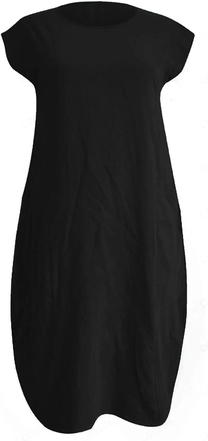 Dresses for Women Ctton Linen Short Sleeve Crew Neck Midi Dress Oversized Dress Loose Casual Baggy Dresses Summer