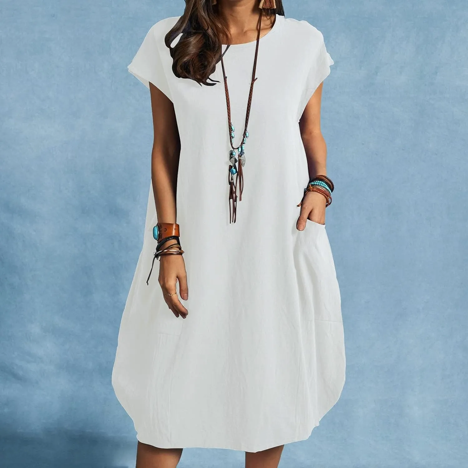 Dresses for Women Ctton Linen Short Sleeve Crew Neck Midi Dress Oversized Dress Loose Casual Baggy Dresses Summer