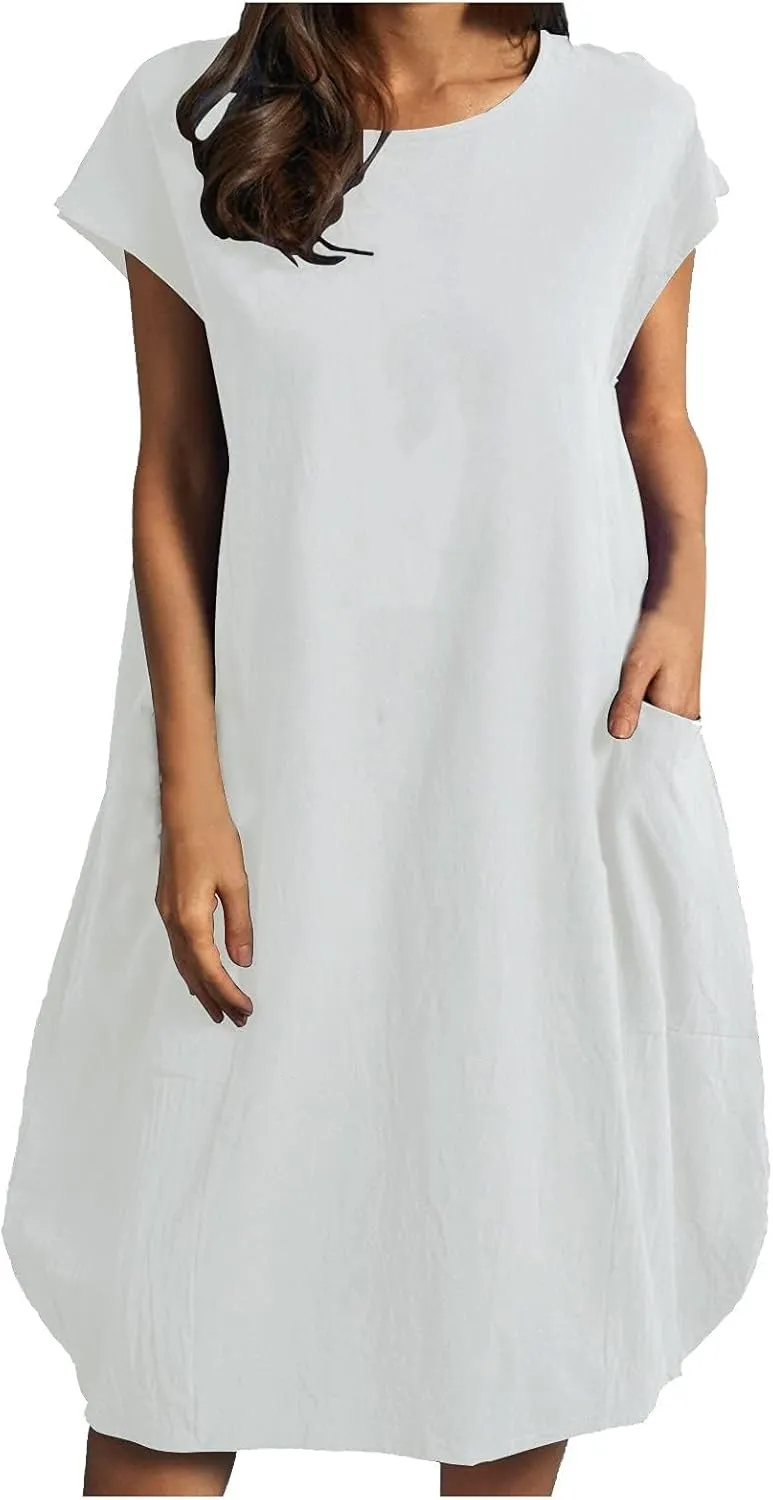 Dresses for Women Ctton Linen Short Sleeve Crew Neck Midi Dress Oversized Dress Loose Casual Baggy Dresses Summer
