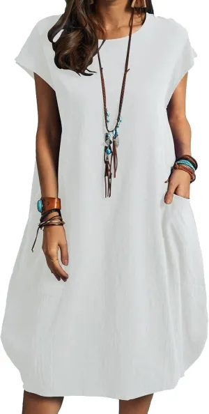 Dresses for Women Ctton Linen Short Sleeve Crew Neck Midi Dress Oversized Dress Loose Casual Baggy Dresses Summer
