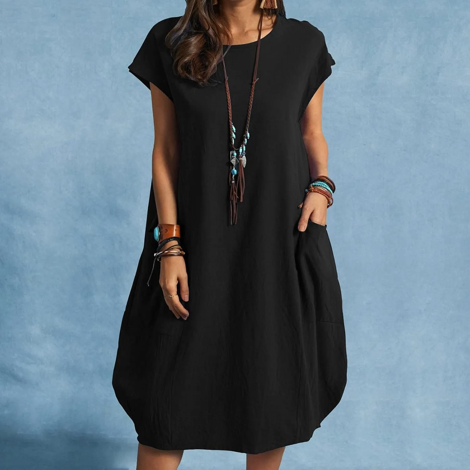 Dresses for Women Ctton Linen Short Sleeve Crew Neck Midi Dress Oversized Dress Loose Casual Baggy Dresses Summer