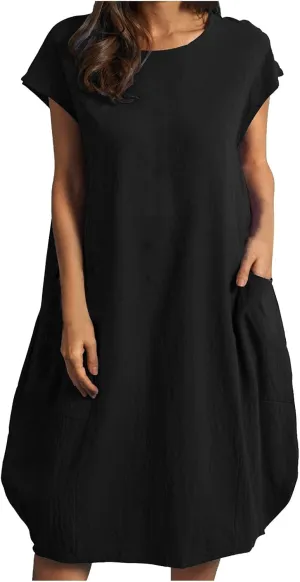 Dresses for Women Ctton Linen Short Sleeve Crew Neck Midi Dress Oversized Dress Loose Casual Baggy Dresses Summer