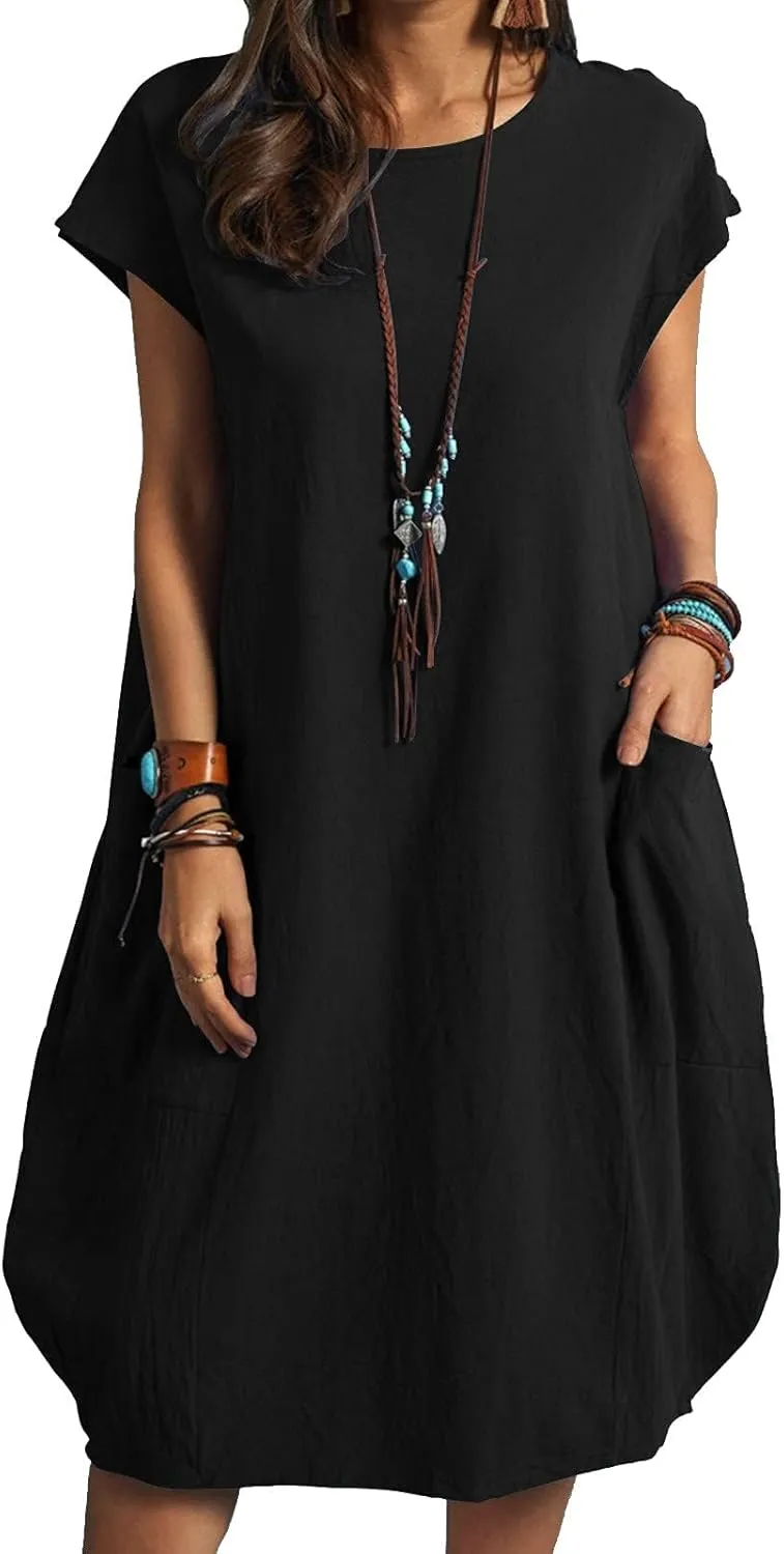 Dresses for Women Ctton Linen Short Sleeve Crew Neck Midi Dress Oversized Dress Loose Casual Baggy Dresses Summer