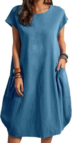Dresses for Women Ctton Linen Short Sleeve Crew Neck Midi Dress Oversized Dress Loose Casual Baggy Dresses Summer