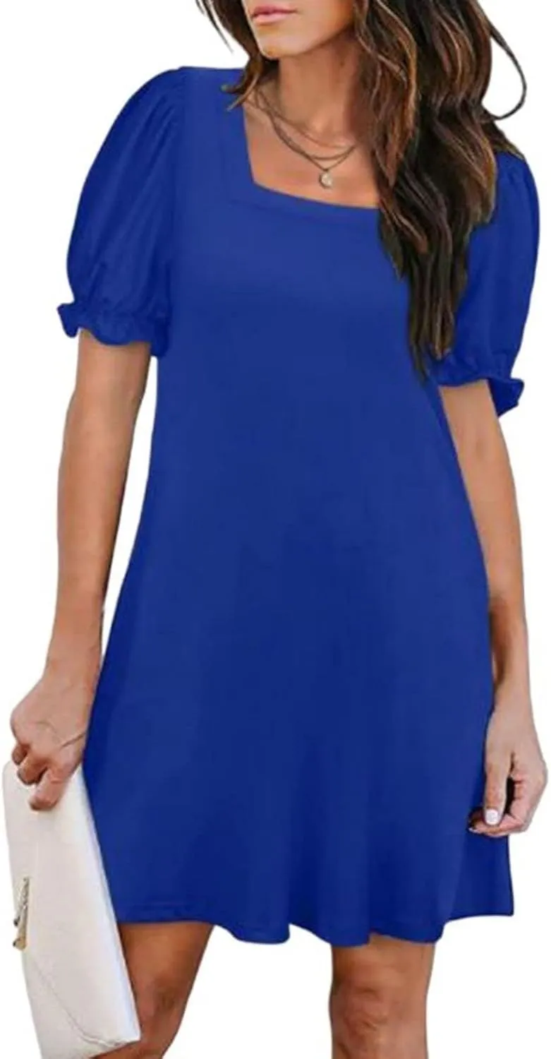 Dresses for Women Puff Sleeve Square Neck Mini Dress Fashion Trendy Dressy Solid Color Dresses Slim Fit Sundress
