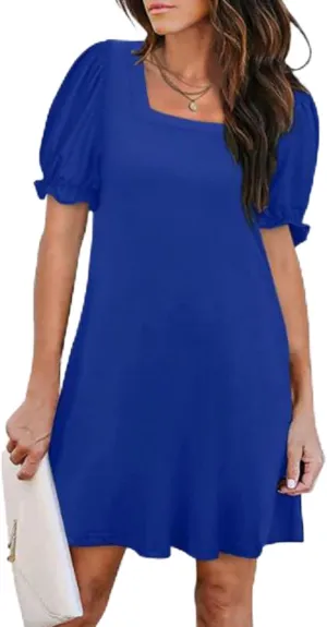 Dresses for Women Puff Sleeve Square Neck Mini Dress Fashion Trendy Dressy Solid Color Dresses Slim Fit Sundress