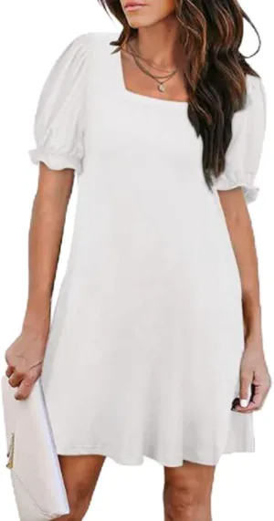 Dresses for Women Puff Sleeve Square Neck Mini Dress Fashion Trendy Dressy Solid Color Dresses Slim Fit Sundress