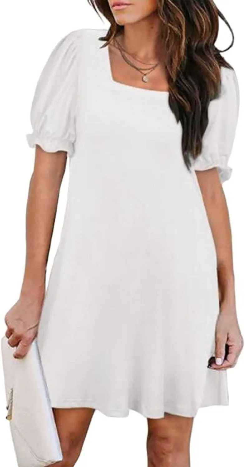 Dresses for Women Puff Sleeve Square Neck Mini Dress Fashion Trendy Dressy Solid Color Dresses Slim Fit Sundress