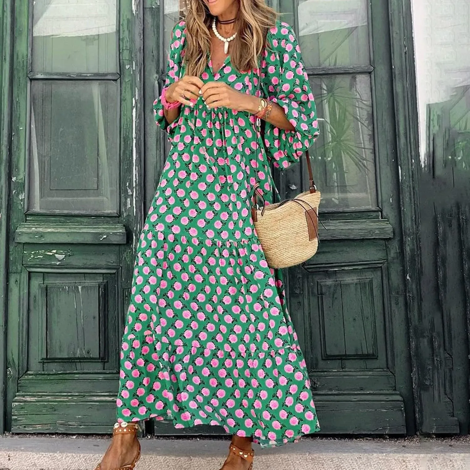 Dresses for Women Summer Boho Loose Fit Sundress Puff Half Sleeve V Neck Maxi Dress Printed Floral Dresses 2025